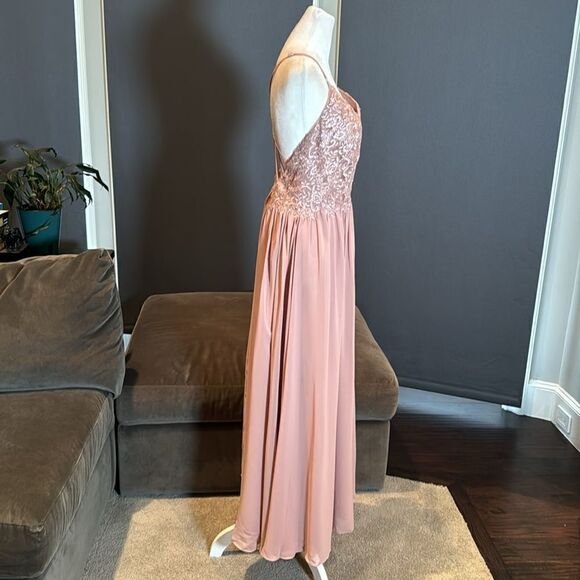 Women’s Pink Chiffon & Lace Appliqué Bridesmaid Dress Zip Up & Leg Slit Size 8 - Picture 3 of 12